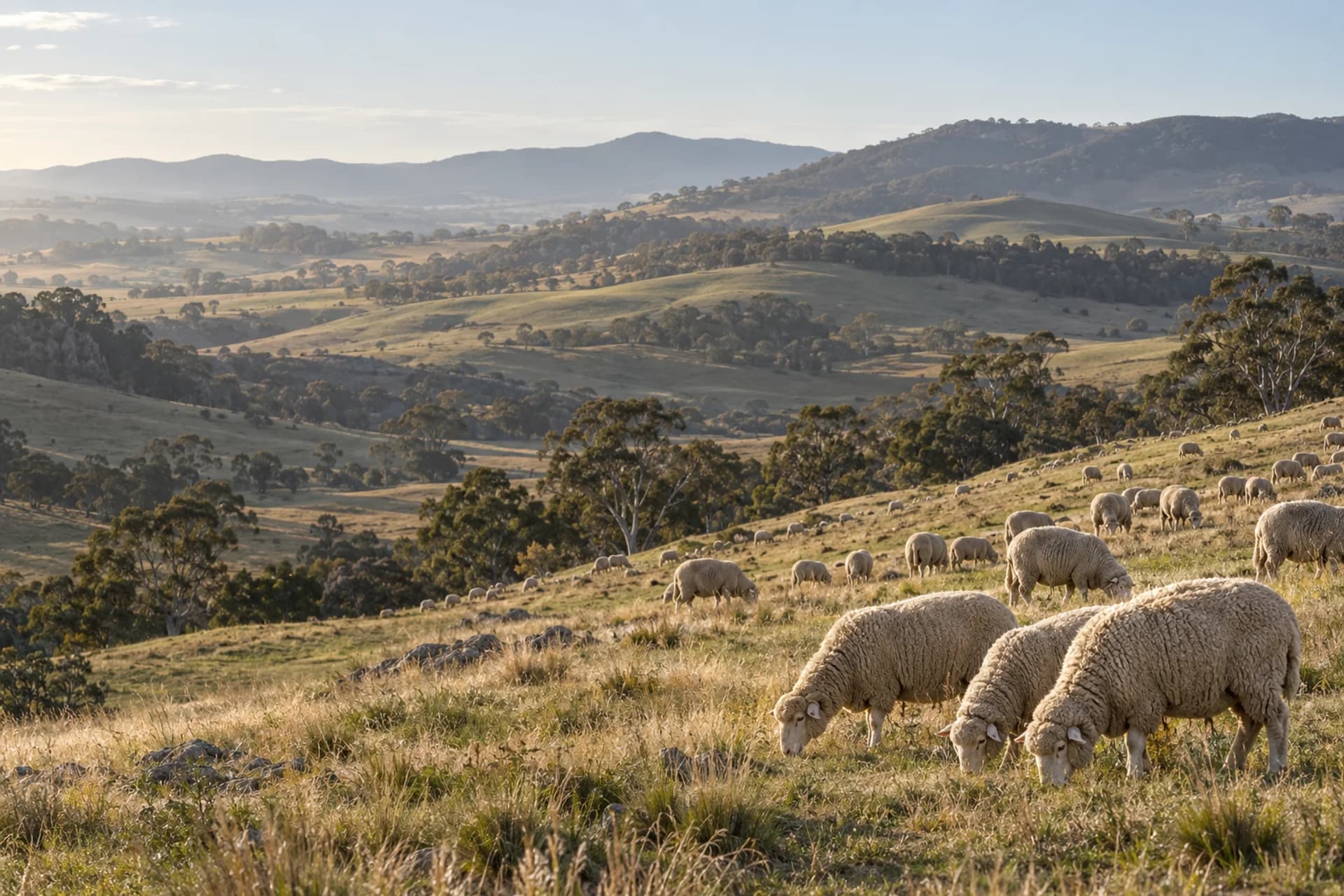 Illustrative pastoral landscape with grazing sheep